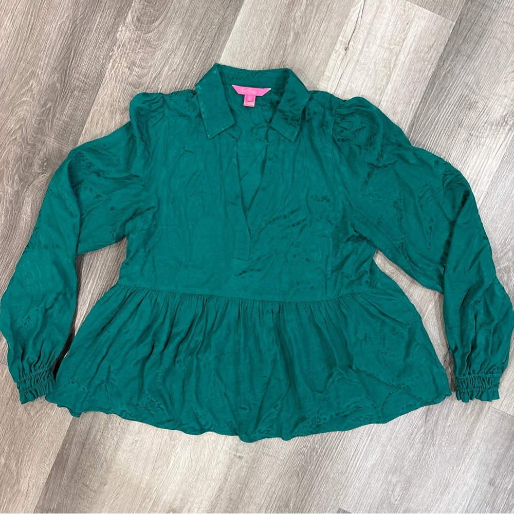 Lilly Pulitzer Jaylene Blouse Top Leopard Jacquard Green Womens Size 8 Fancy